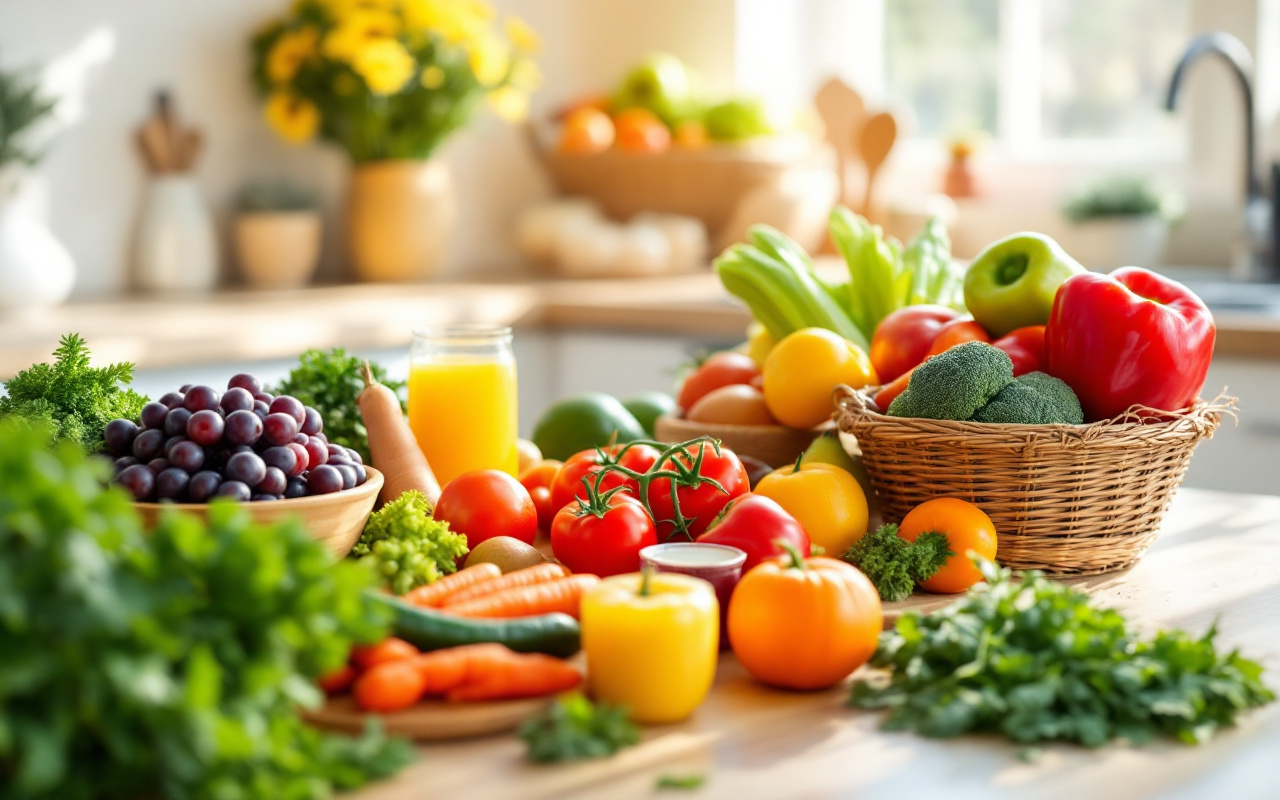 Une sélection de choix alimentaires sains sur une table de cuisine, comprenant des fruits et légumes frais, présentés de manière colorée sous une lumière naturelle éclatante.