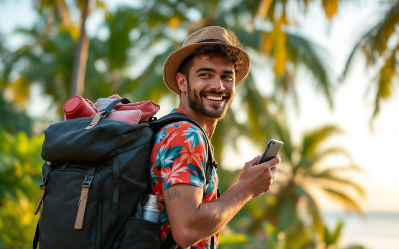 un-insulaire-se-preparant-pour-un-voyage-avec-un-sac-a-dos-bien-rempli-dans-un-environnement-tropical-verdoyant-baigne-par-la-lumiere-chaude-dun-coucher-de-soleil