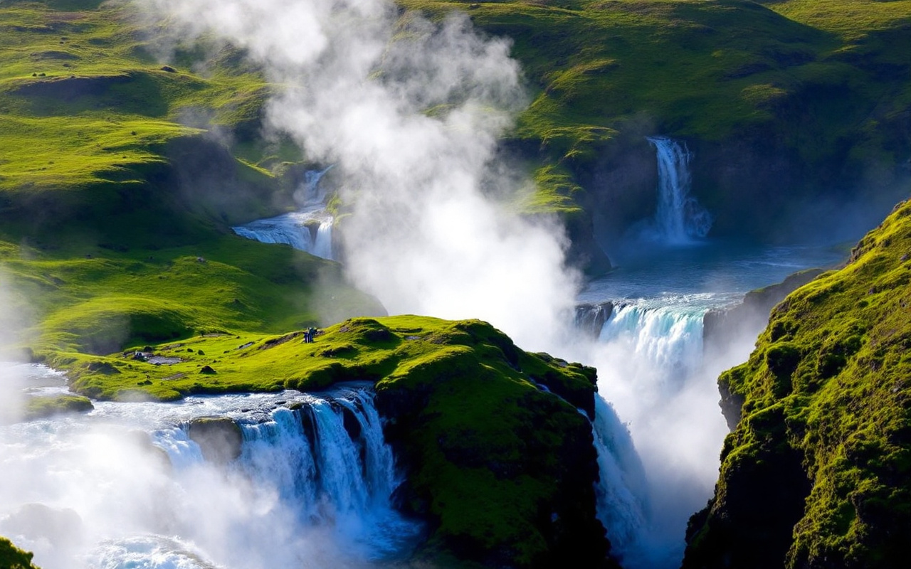 Vue panoramique de geysers et de chutes d'eau en Islande, avec une végétation luxuriante et de la vapeur s'élevant des geysers, éclairée par un soleil éclatant.