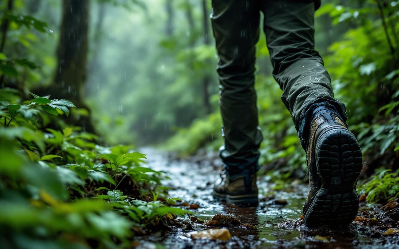 Un randonneur portant des chaussures imperméables marche sous la pluie dans une forêt dense, entouré de feuillage vert vibrant, avec des gouttelettes d'eau qui coule des feuilles.