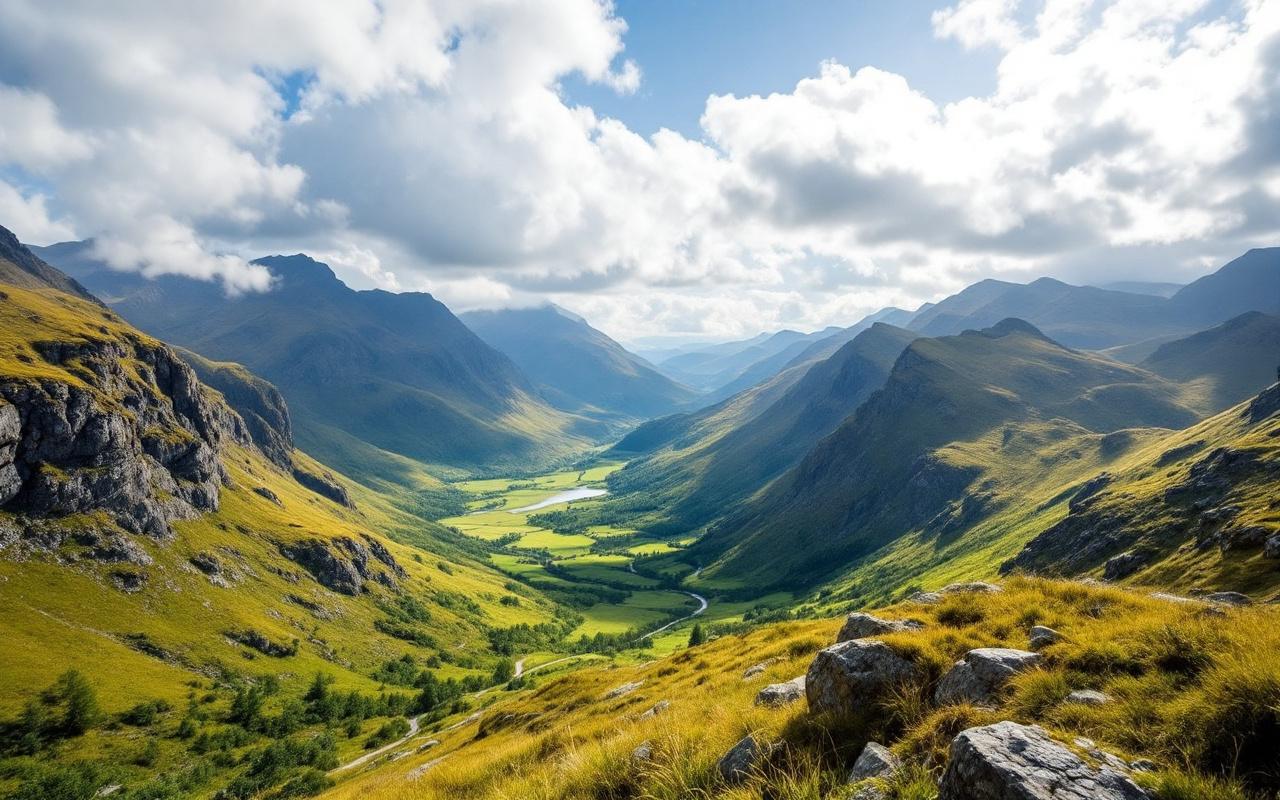 vue-pittoresque-des-highlands-ecossais-montrant-des-vallees-verdoyantes-et-des-montagnes-escarpees-sous-un-ciel-bleu-clair-baignees-par-une-lumiere-douce-et-des-textures-riches
