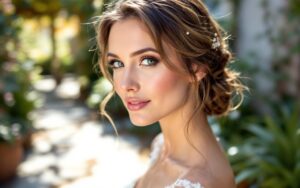 mariee-de-trois-quarts-avec-un-chignon-bas-et-epingles-a-perles-arriere-plan-de-jardin-flou-aux-tons-verts-et-bleus-lumiere-chaude-et-douce-au-coucher-du-soleil