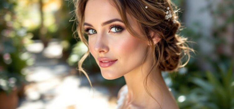 L’art des épingles à cheveux discrètes pour mariage mariee-de-trois-quarts-avec-un-chignon-bas-et-epingles-a-perles-arriere-plan-de-jardin-flou-aux-tons-verts-et-bleus-lumiere-chaude-et-douce-au-coucher-du-soleil