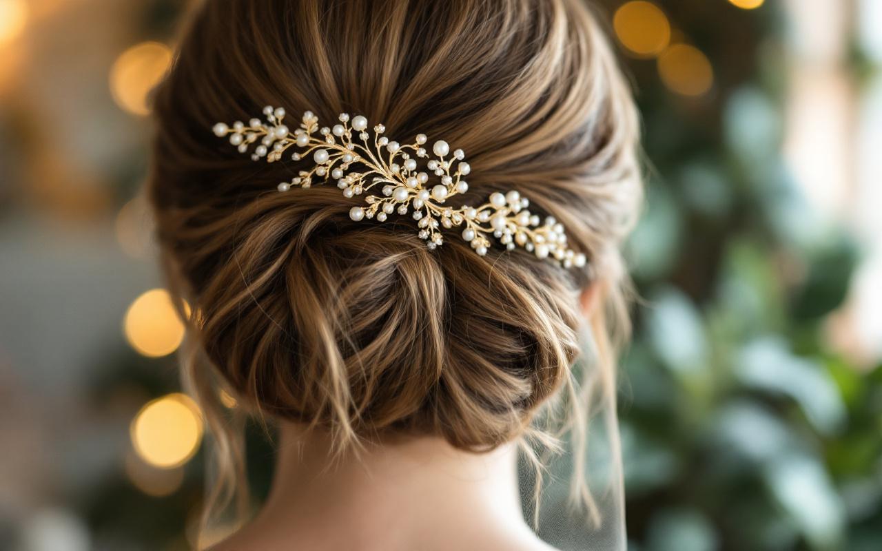 Gros plan d'un peigne d&eacute;coratif en or maintenant un voile d&eacute;licat fix&eacute; sur un chignon &eacute;l&eacute;gant, avec filigrane et petites perles, &eacute;clair&eacute; par une douce lumi&egrave;re naturelle et un arri&egrave;re-plan flou aux tons or, ivoire, rose p&acirc;le et vert bleut&eacute;.