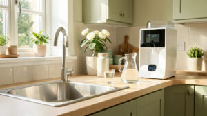 Cuisine lumineuse et apaisante avec un ioniseur d’eau alcaline près de l’évier, une carafe en verre et un verre d’eau sur le plan de travail.
