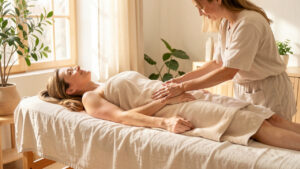 Une femme allongée sur une table de soins pendant qu’une praticienne effectue doucement un drainage lymphatique manuel sur ses jambes dans un cabinet lumineux et naturel.