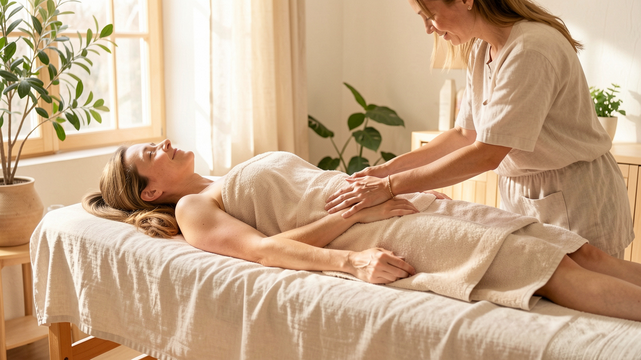 Une femme allongée sur une table de soins pendant qu’une praticienne effectue doucement un drainage lymphatique manuel sur ses jambes dans un cabinet lumineux et naturel.