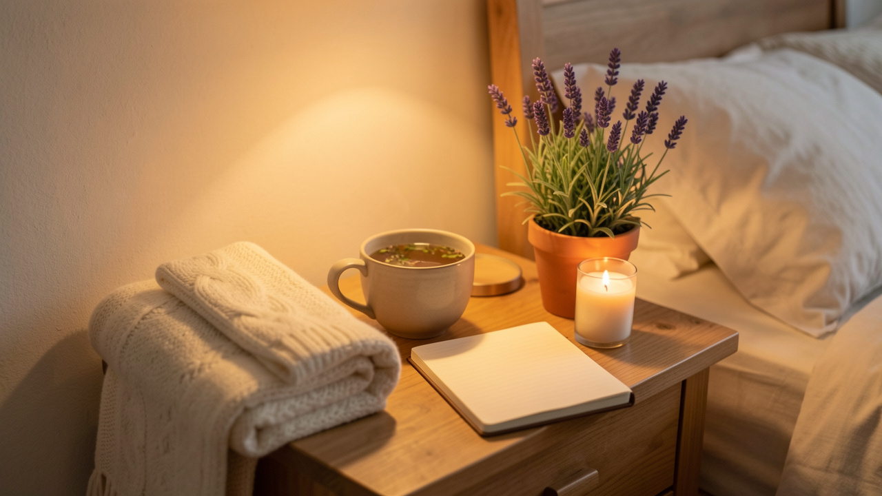Composition apaisante de bien-être du soir avec une tisane, une couverture en coton, un carnet aux pages vierges, une bougie et une plante de lavande sur une table de chevet.