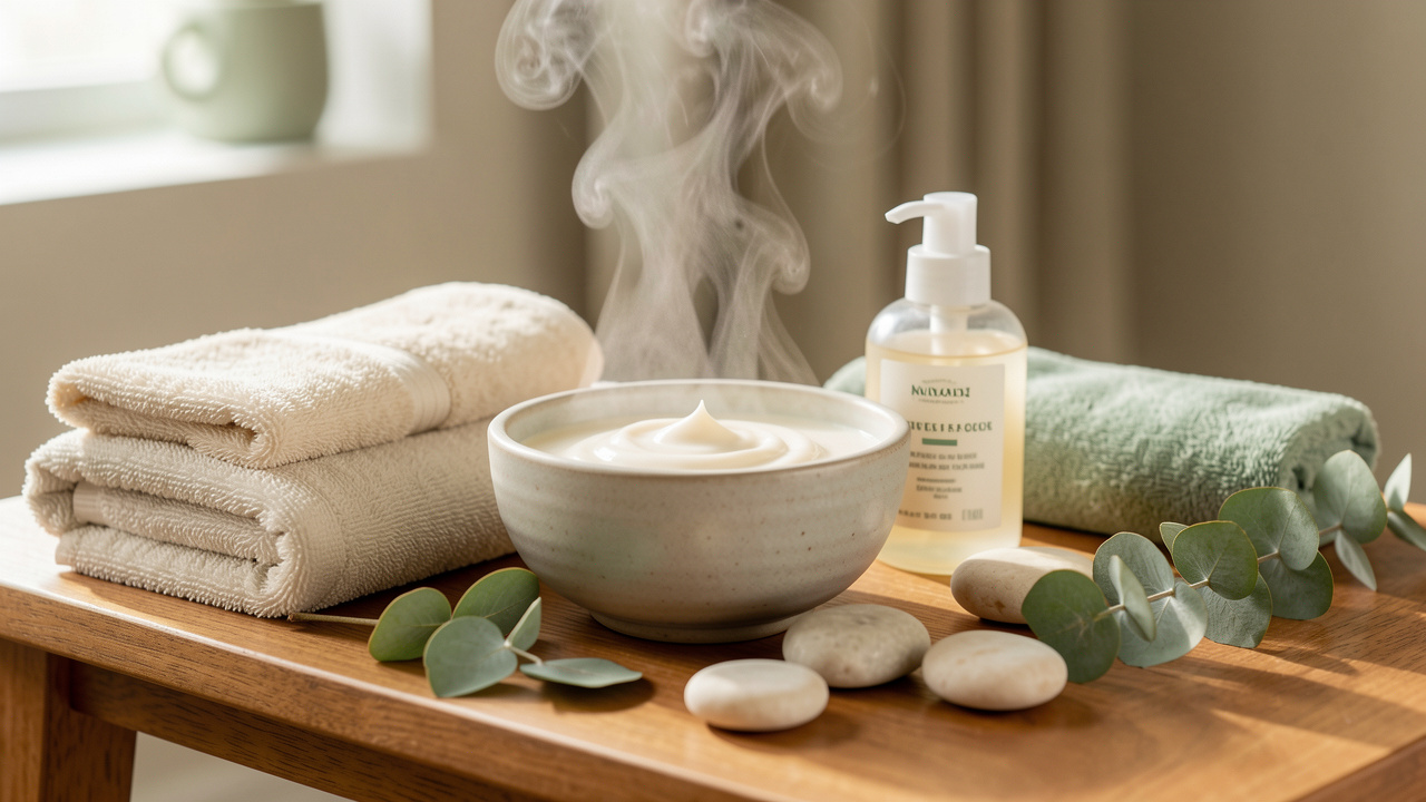 Produits de soin doux, serviettes en coton, feuilles d’eucalyptus et pierres lisses disposés sur un banc en bois dans une ambiance de spa apaisante.