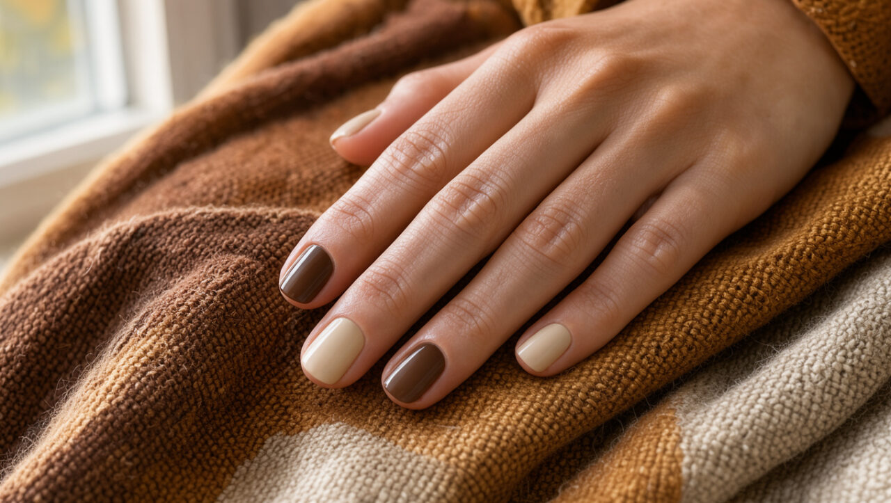 Main féminine aux ongles courts vernis alternativement marron chocolat et beige crème, posée sur un textile chaleureux dans une douce lumière d’automne.