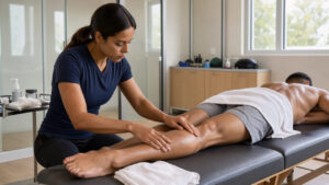 Un sportif reçoit un massage de récupération des mollets réalisé par une kinésithérapeute dans une salle de soins moderne.