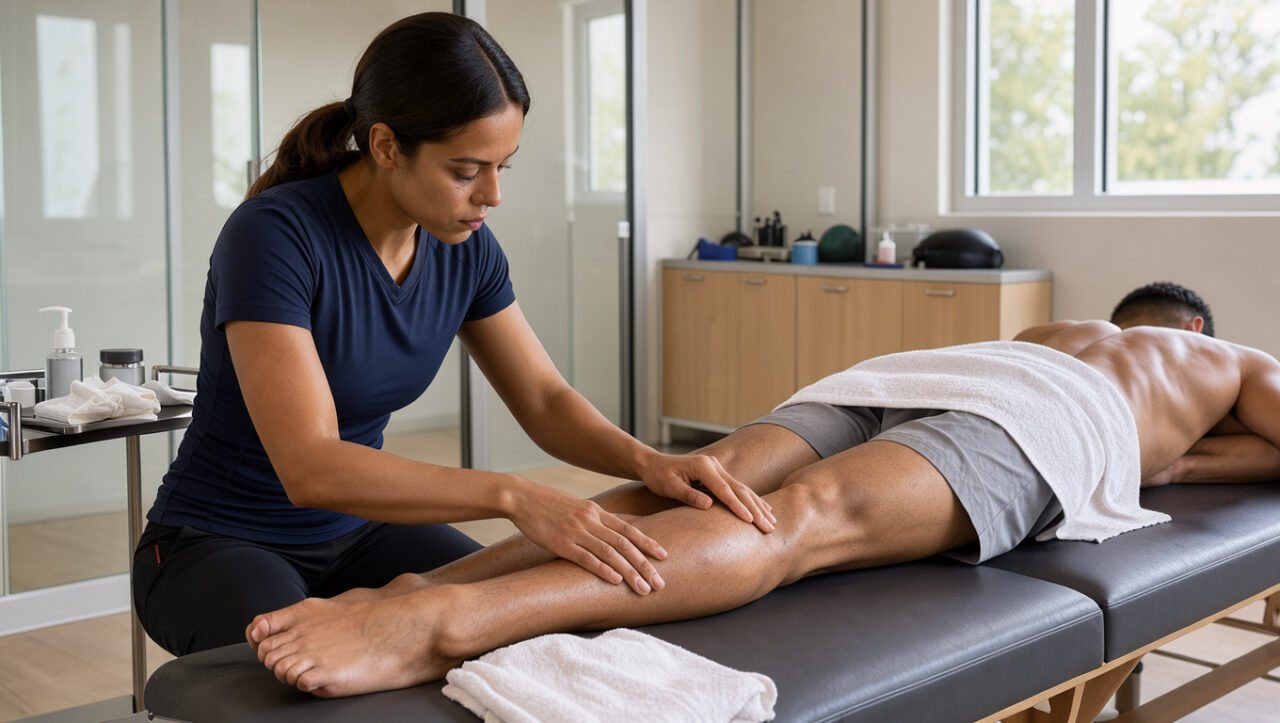 Un sportif reçoit un massage de récupération des mollets réalisé par une kinésithérapeute dans une salle de soins moderne.